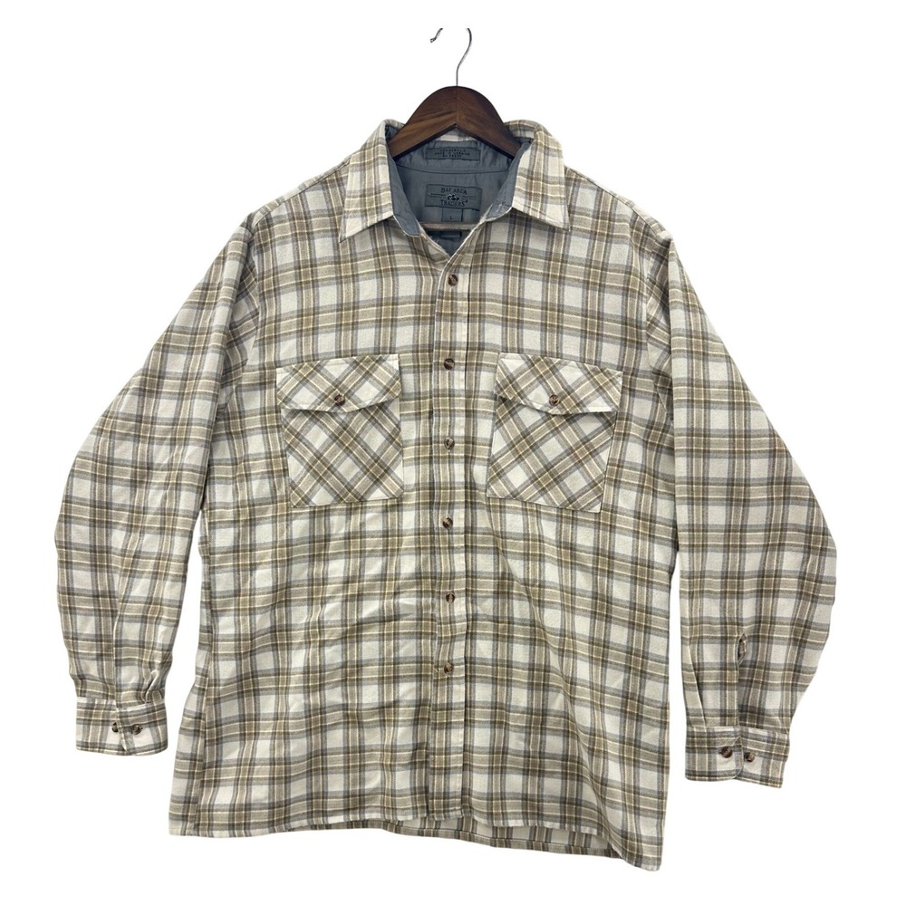 Bay Area Traders Button Down Mens L Tan Plaid Excellent Flannel Style Shirt